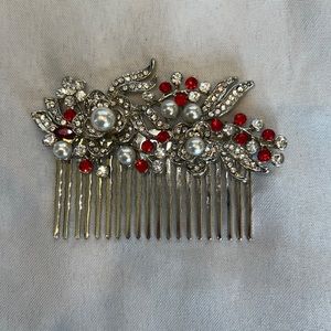 Silver tone red rhinestone hair comb